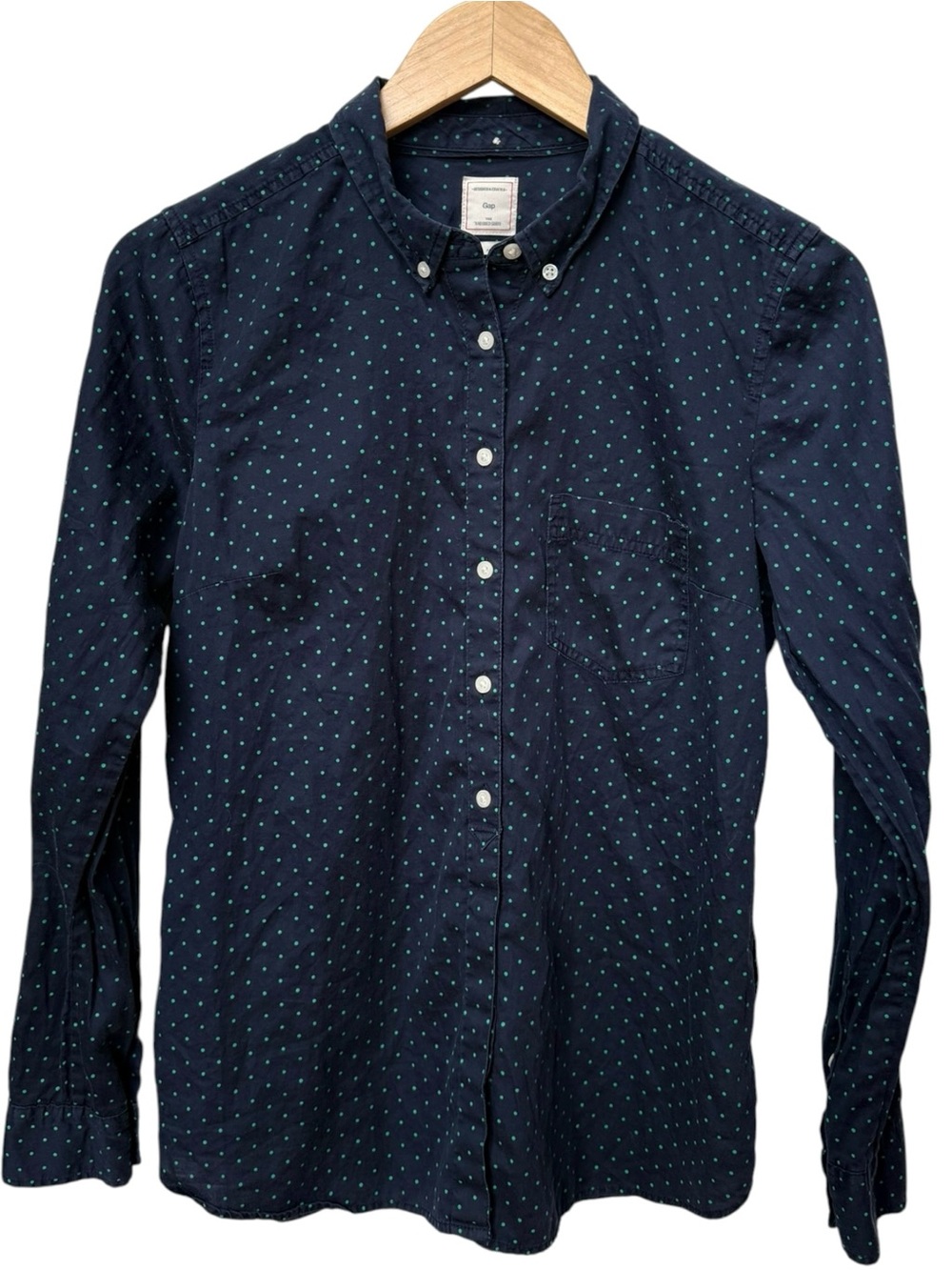 GAP The Tailored Shirt Navy Blue Long Sleeve Polka Dot Cotton Top. Medium.